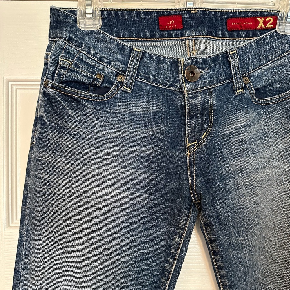 Boot cut Express blue jeans with white wash — lightly worn! - Picture 2 of 3